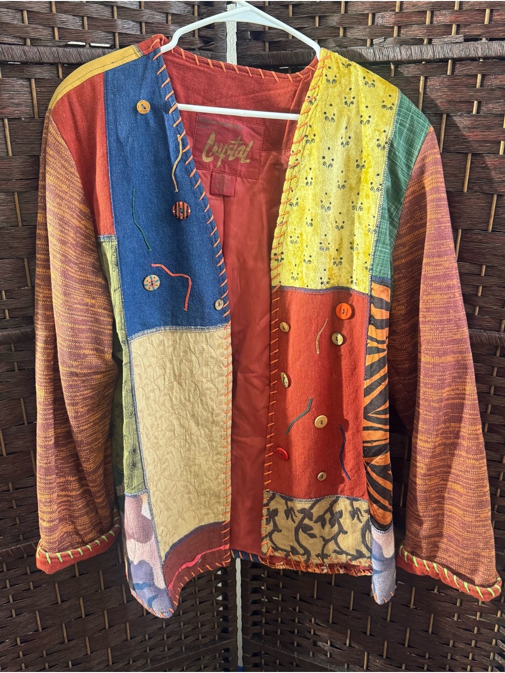 Vintage wearable Art Colorful Patchwork Knit Jacket by Crystal